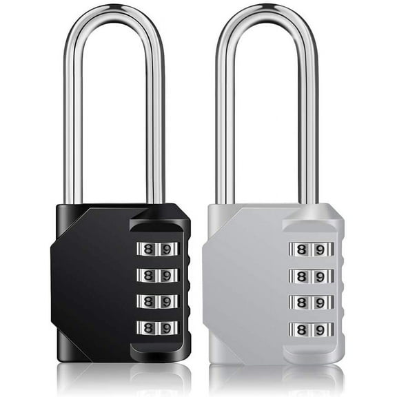 Long Shackle Combination Lock, 4 Digit Resettable Waterproof Padlock for School, Gym, Employee Locker, Fence, Gate, Toolbox, Outdoor, 2.2 Inch Long Shank (Black & Silver)