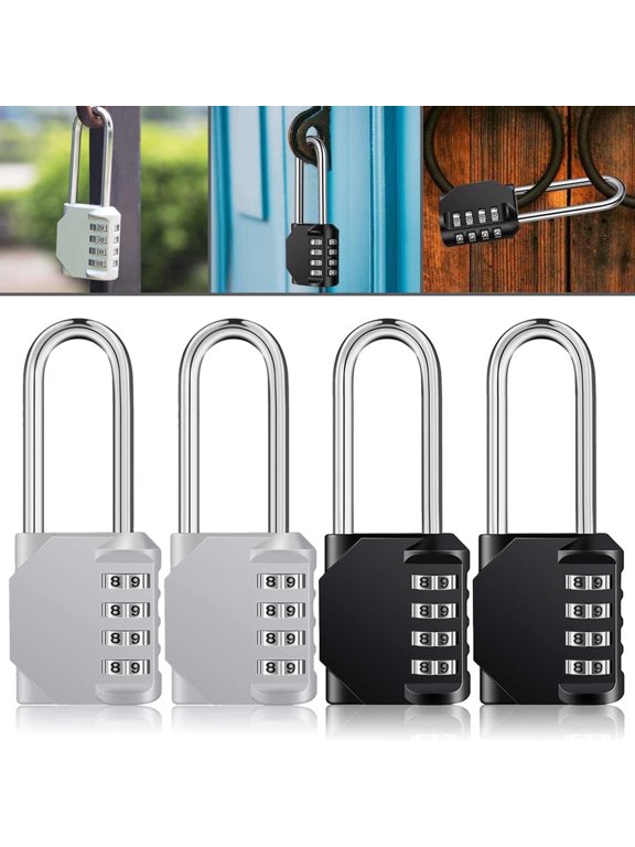 Long Shackle Padlock 4 Pack, 4 Digit Combination Lock, Resettable Weatherproof Combo Lock for School, Gym, Employee Locker, Outdoor, Fence(BlackSilver)