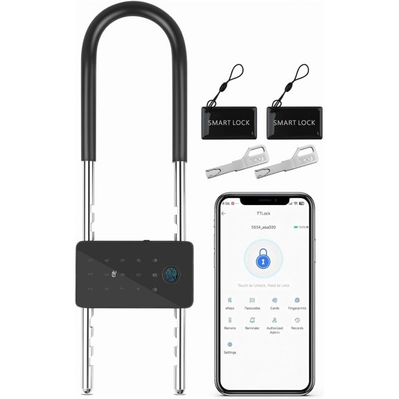 Long Shackle Padlock U Lock Bike Gate Combo U-Lock Adjustable Shackle, Lock with Fingerprint, Keypad Code, App Control, Auto Lock- Suitable for Bicycles, Glass Doors