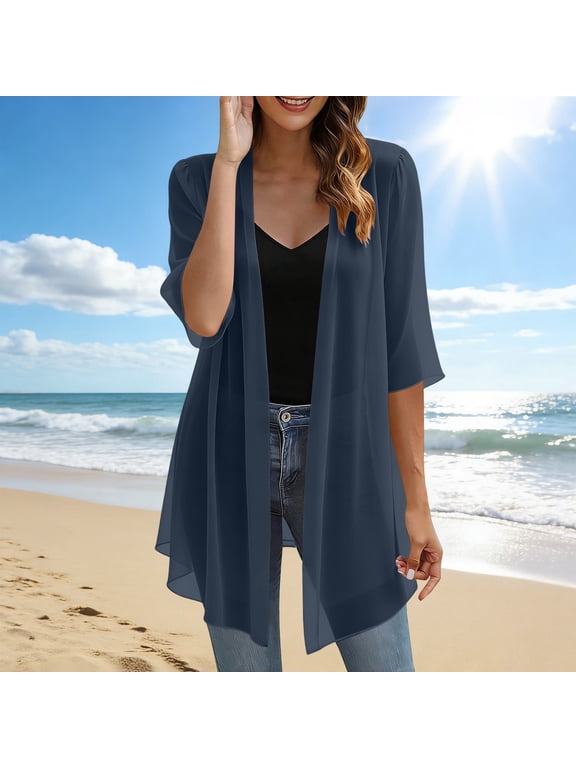Long Sheer Chiffon Cardigans for Women Half Sleeve Light See Through Dusters Casual Loose Kimono Cardigan Capes