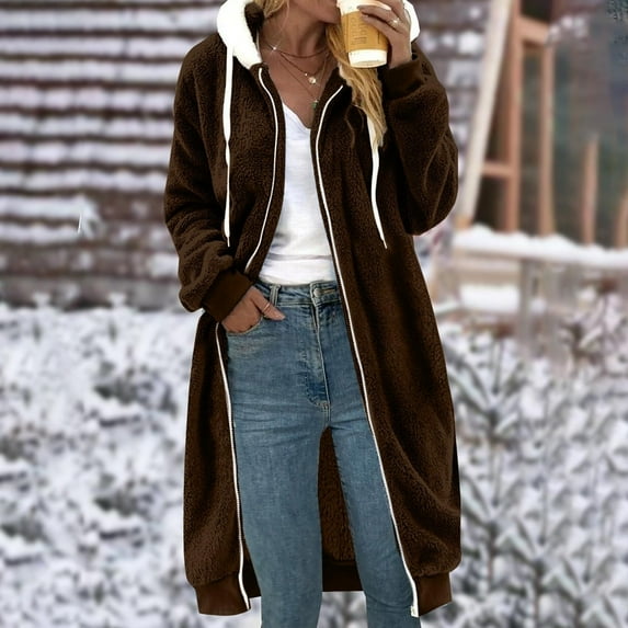 Long Sherpa Fleece Jackets for Women with Hood Casual Warm Sleeveless Full Zip Up Hoodie Winter Coat Plus Size (3X-Large, Brown)