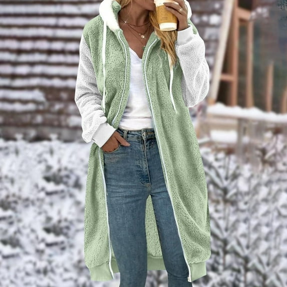 Long Sherpa Fleece Jackets for Women with Hood Casual Warm Sleeveless Full Zip Up Hoodie Winter Coat Plus Size (4X-Large, Green Vest)