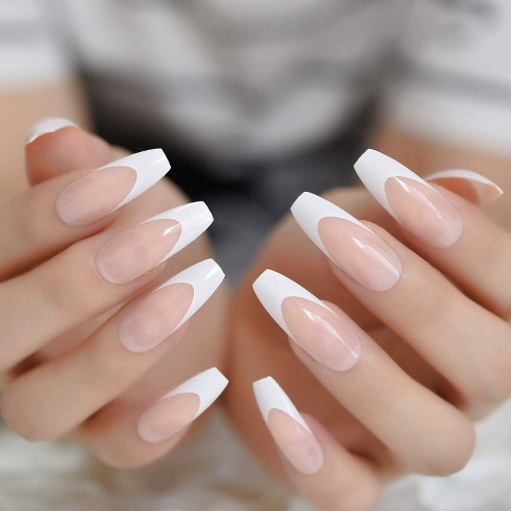 Long Shiny French Nail Natural Nude Full Cover Plastic Artificial Fingernails DIY Nail Tips Manicure Ballerina Nails