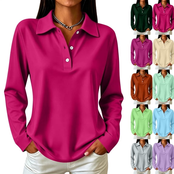 Long Shirt for Womens Polo Shirts for Work Golf Collared Button Vintage Long Shirt Tops Quick Dry Loose Fit Tees Hot Pink L
