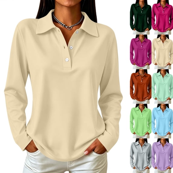 Long Shirt for Womens Polo Shirts for Work Golf Collared Button Vintage Long Shirt Tops Quick Dry Loose Fit Tees Khaki XL