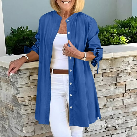 zejinsd Long Shirts For Women Women's Solid Lapel Long Sleeved Button Up Shirt Solid Lapel Collared Long Blouses Tops with Pockets Dressy Blouses Fall and Winter Tops