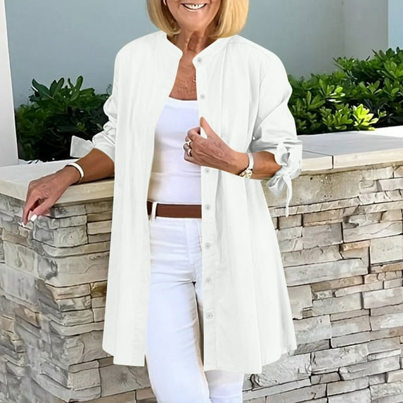 Long Shirts For Women Women's Solid Lapel Long Sleeved Button Up Shirt Solid Lapel Collared Long Blouses Tops with Pockets Dressy Blouses Fall and Winter Tops