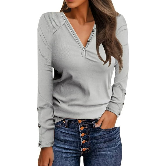Long Shirts for Women Women's Solid Color Buttoned V Neck Loose Fit Long Sleeve Basic Top Grey, XXL