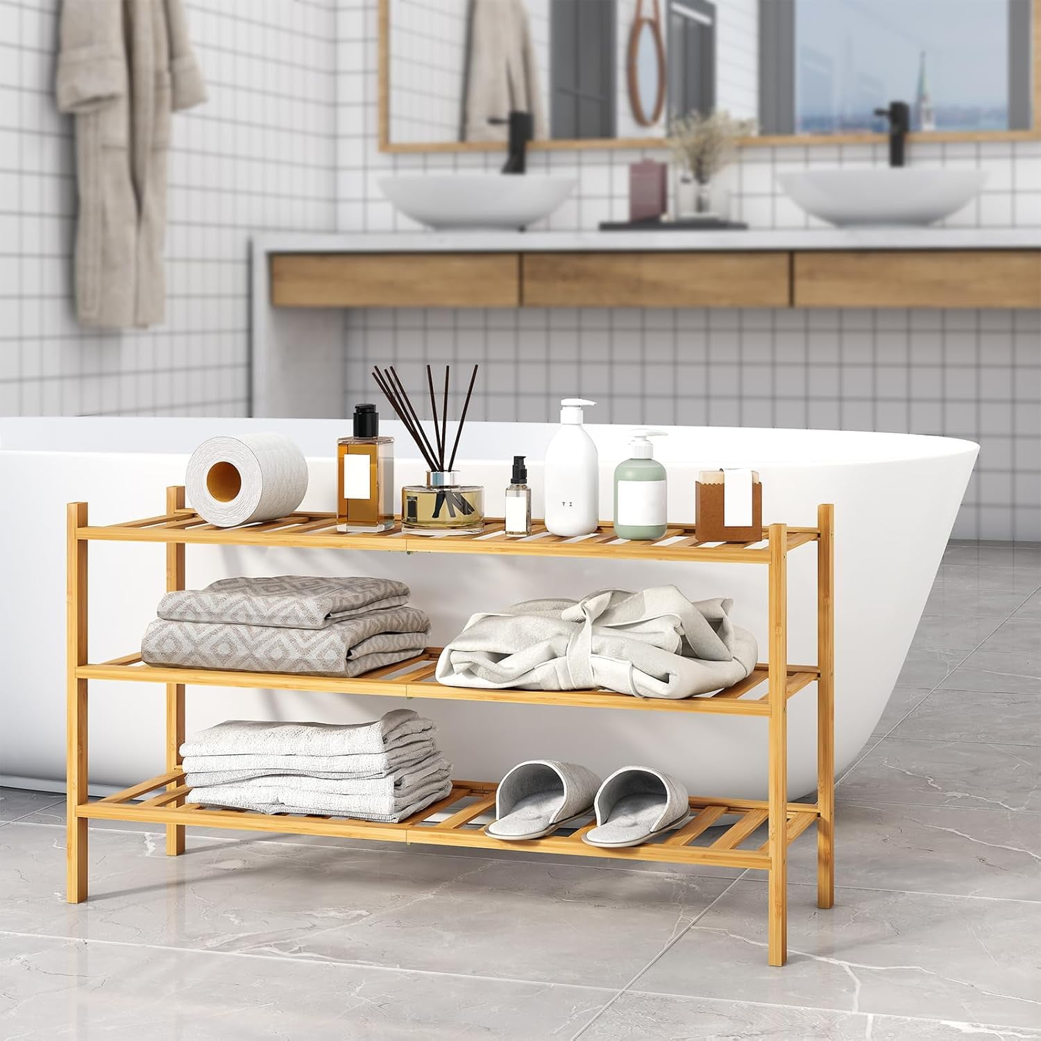 Long Shoe Rack, 3-Tier Bamboo Stackable Shoe Shelf Storage Organizer ...