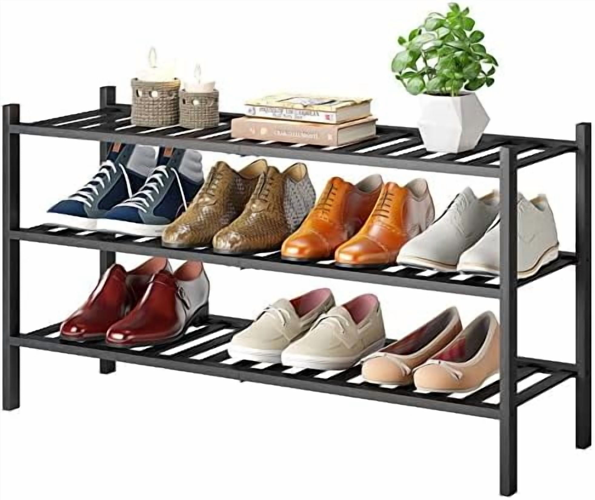 Long Shoe Rack, 3-Tier Bamboo Stackable Shoe Shelf Storage Organizer ...
