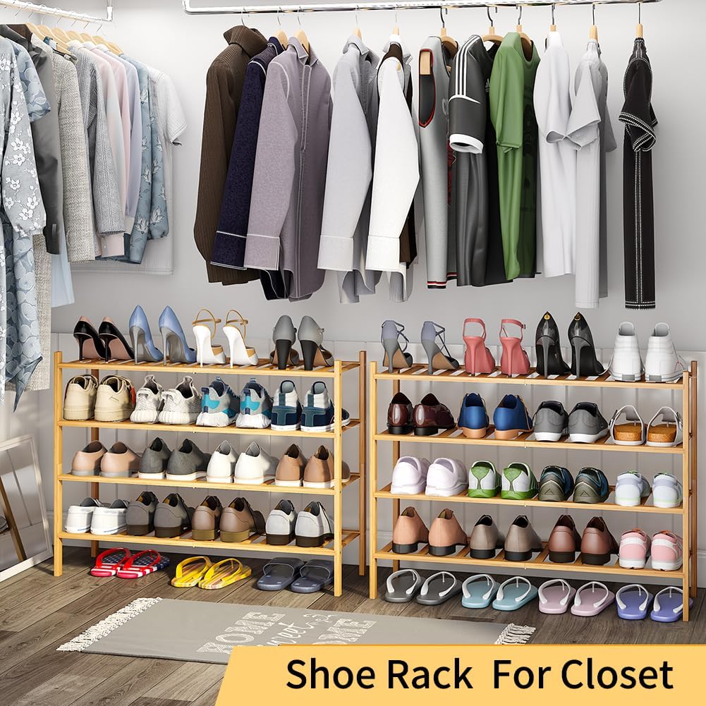 Long Shoe Rack, 4-Tier Bamboo Stackable Shoe Shelf Storage Organizer ...