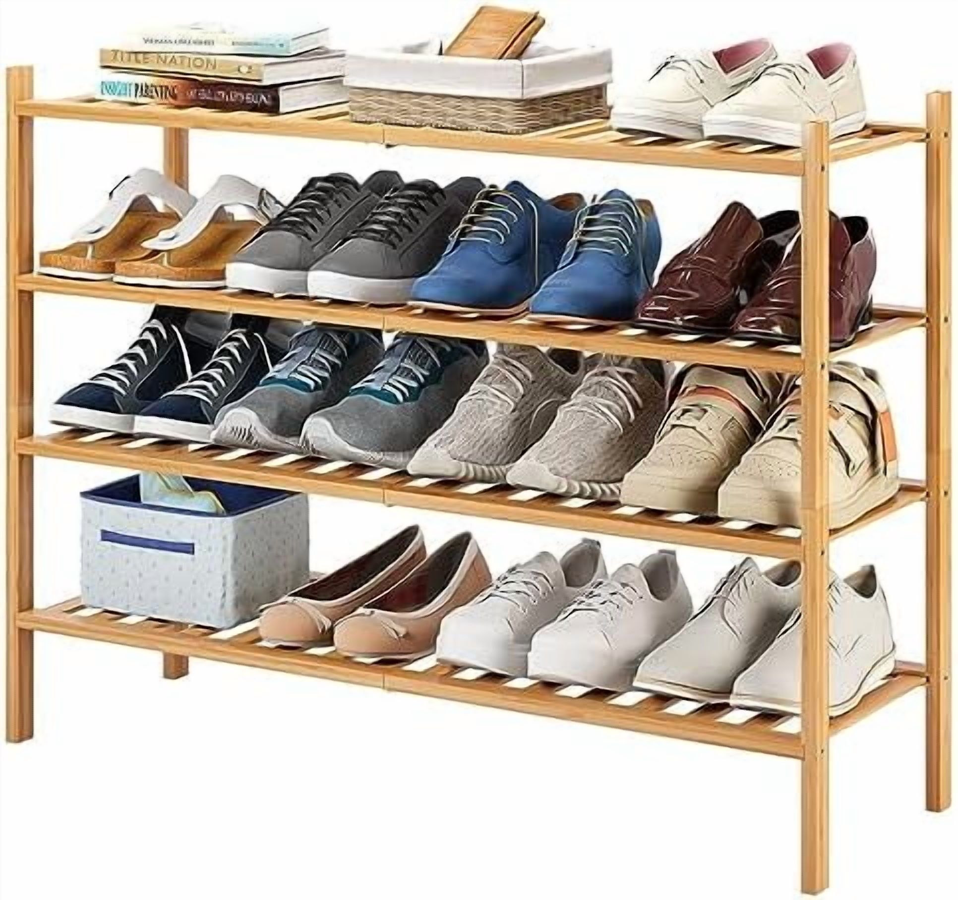 Long Shoe Rack, 4-Tier Bamboo Stackable Shoe Shelf Storage Organizer ...