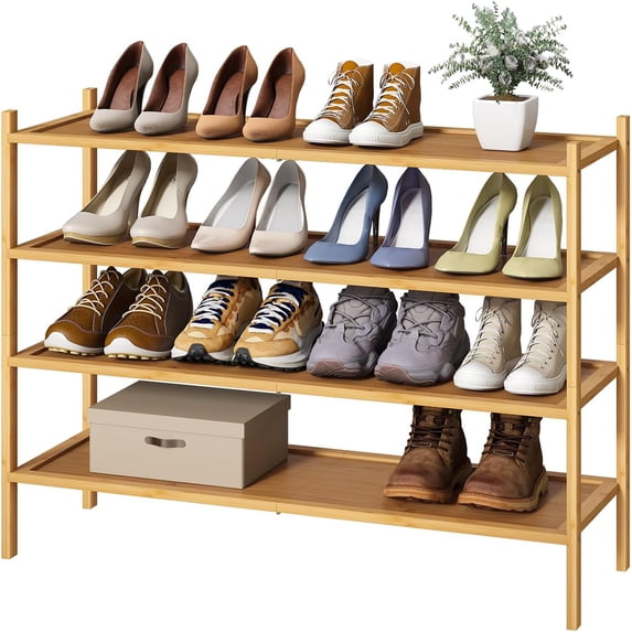 Long Shoe Rack, 4-Tier Bamboo Wood Shoe Rack, Stackable for Closet ...