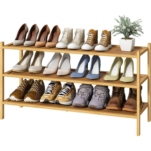 Long Shoe Rack, Bamboo Wood 3-Tier Shoe Rack for Entryway, Stackable | Foldable | Natural, Shoe Organizer for Hallway Closet, Free Standing Shoe Racks for Indoor Outdoor