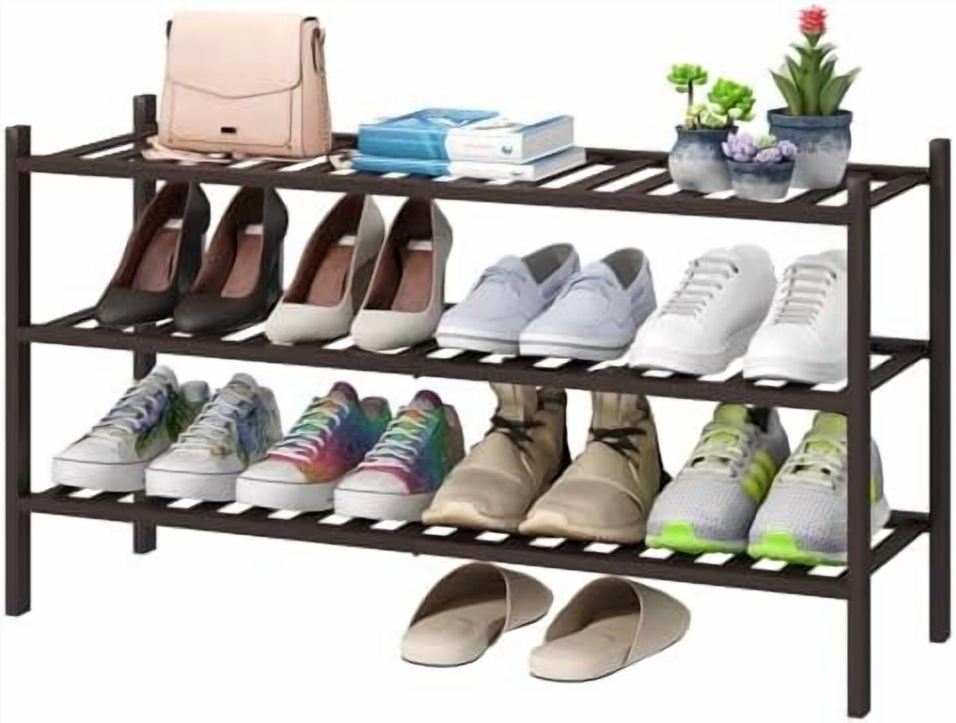 Long Shoe Rack, Bamboo Wood Shoe Rack for Closet, Entryway & Hallway, 3 ...