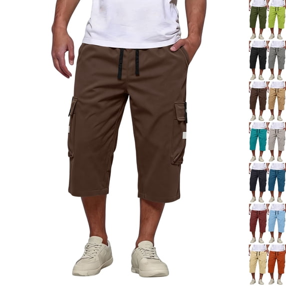 Long Shorts for Men Below Knee Elastic Wasit Cargo Short Pants Lightweight 3/4 Running Hiking Shorts with Pockets,Coffee,M