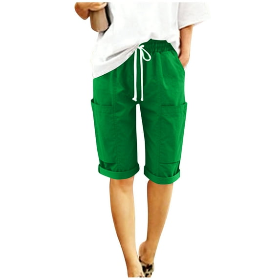 Long Shorts for Women Knee Length Linen Bermuda Shorts Baggy Casual High Waist Drawstring Wide Leg Linen Short Pants Solid Color Capris,Green,XL
