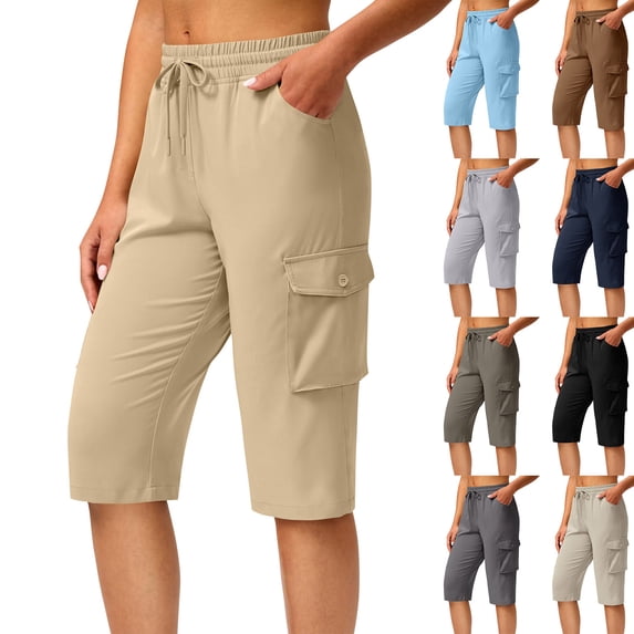 Long Shorts for Women Lightweight Quick Dry Hiking Cargo Shorts with Pockets Summer Drawstring Bermuda Short Gray L