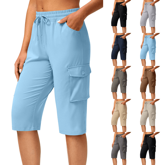 Long Shorts for Women Petite Lightweight Quick Dry Hiking Cargo Shorts with Pockets Summer Drawstring Bermuda Short Sky Blue S