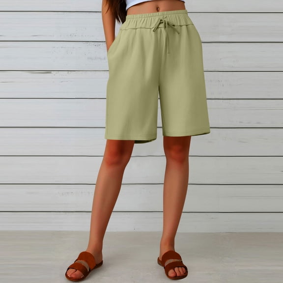 Long Shorts for Women, Women's Half Shorts Pants Summer Elastic Waist Buttons Casual Linen Pockets Pants