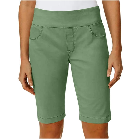 Long Shorts for Women Women's Pull on Bermuda Short with Pockets, High Waisted Stretch Knee Length Shorts for Summer Work Walking Hiking Green XL