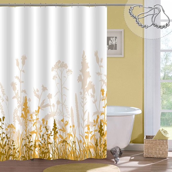 Long Shower Curtain 72 x 78, Blue Grey Abstract Plant Leaves Shadow Shower Curtain, Floral Botanical Ombre Decorative Bathroom Fabric Shower Curtain with Hooks