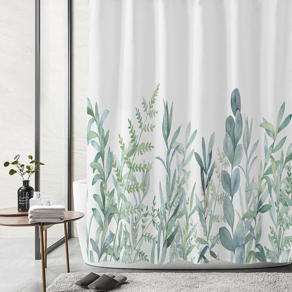 Long Shower Curtain 72 x 78, Green Plant Leaves Tall Shower Curtain, Spring Watercolor Eucalyptus Leaf Botanical Waterproof Fabric Shower Curtain for Bathroom Decor