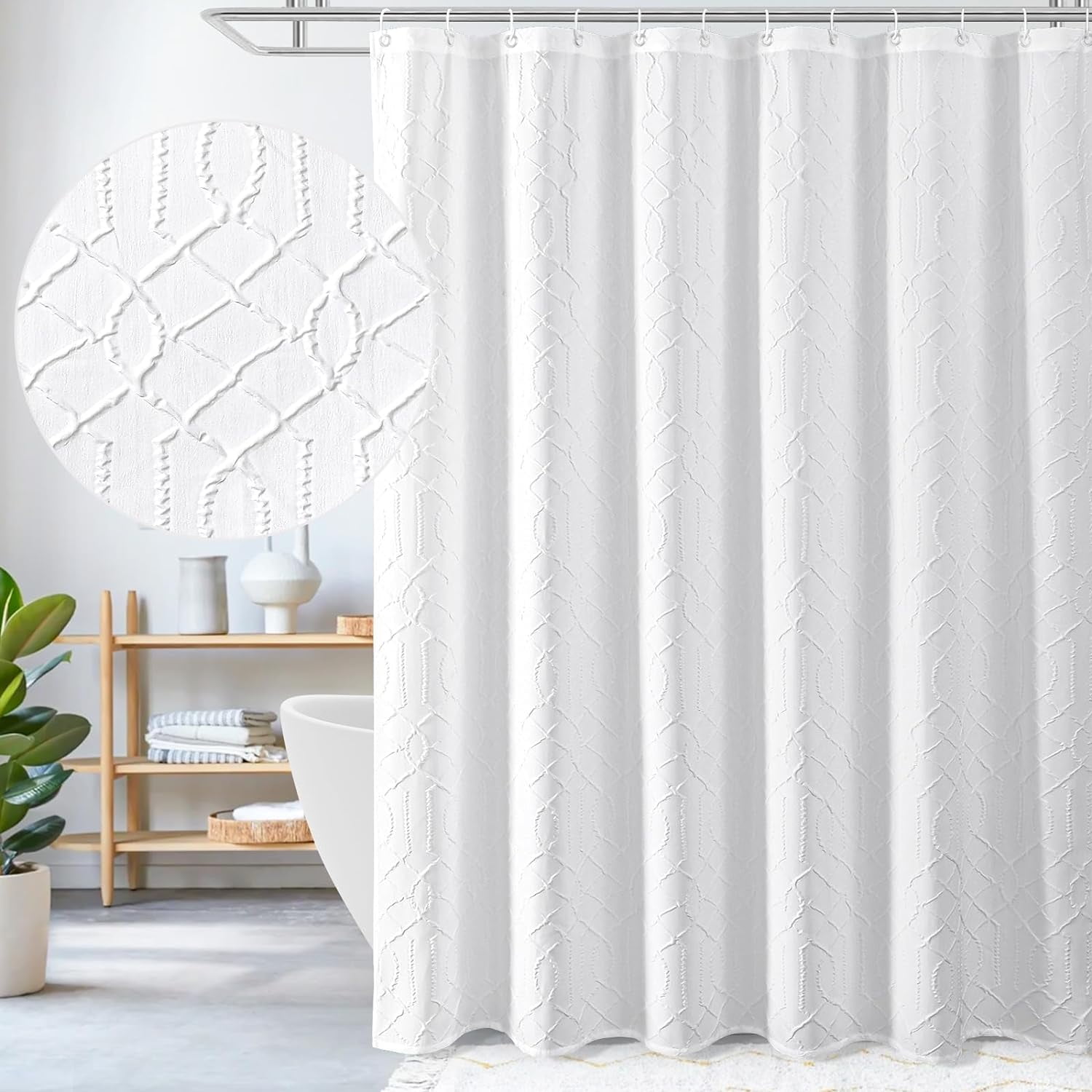 Long Shower Curtain 72 x 78, Tall 3D Embossed Textured White Fabric ...