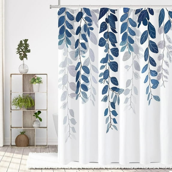 Long Shower Curtain 72 x 78, Tall Navy Blue Eucalyptus Fabric Shower Curtain, Watercolor Leaves on The Top Floral Botanical Decorative Bathroom Shower Curtain Set with Hooks
