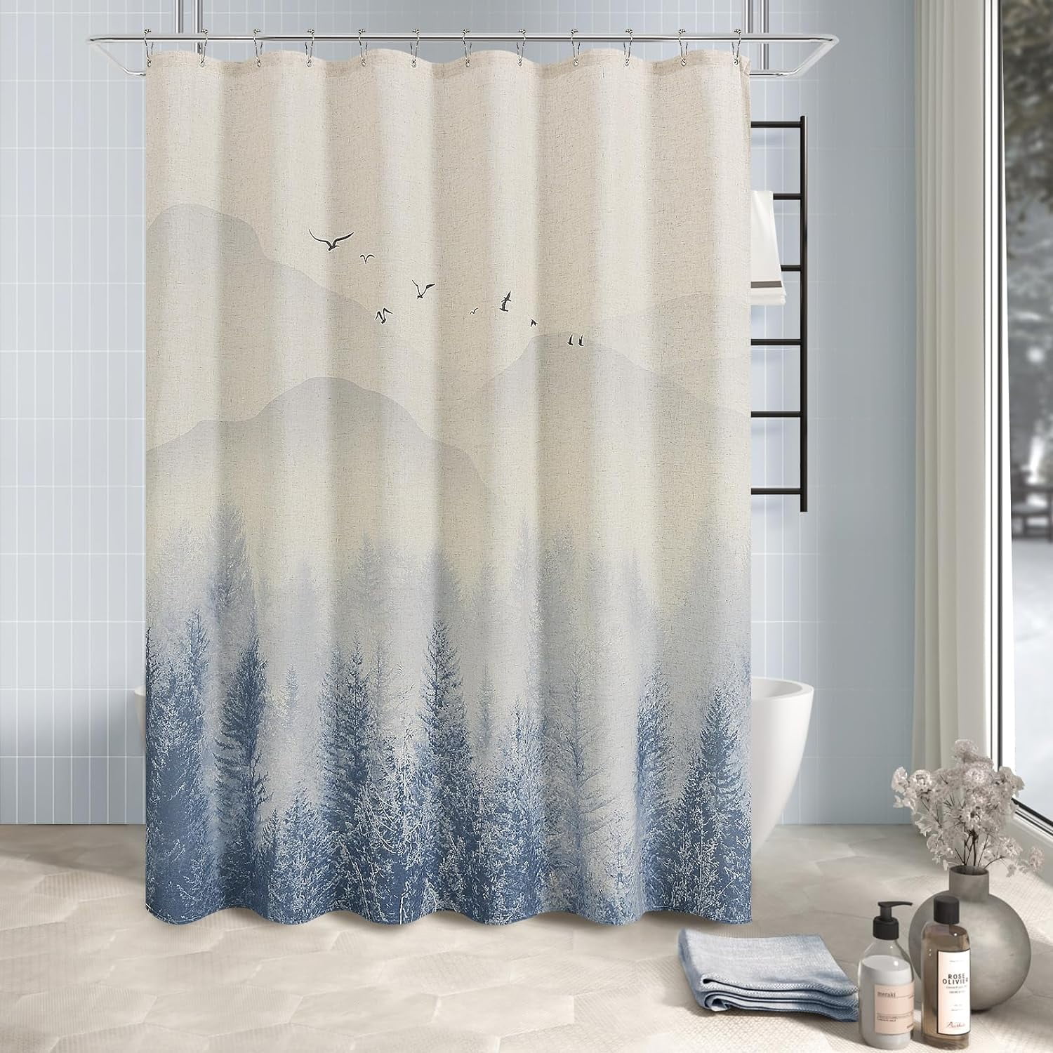 Long Shower Curtain 84 Length Blue Grey Linen Fabric Shower Curtain