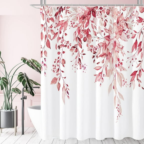 Long Shower Curtain 84 x 72, Tall Pink Floral Shower Curtain for Bathroom, Watercolor Plant Eucalyptus Leaves Fabric Shower Curtain Set with Hooks