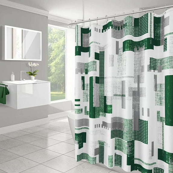 Long Shower Curtain Set Shower Curtain for Bathroom Waterproof Geometric White Shower Curtain with Heavy Duty Polyester Bathroom Curtain for Hotels Bathtubs, 72x84 inch, Hunter Green