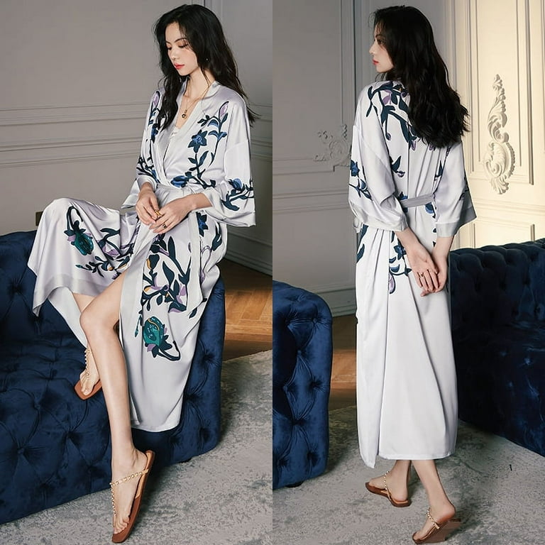 Long Silk Kimono Robes for Women Lightweight Silky Satin Floral