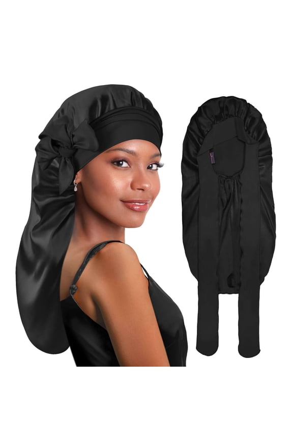 Long Silk Satin Braid Bonnet with Tie Band Black