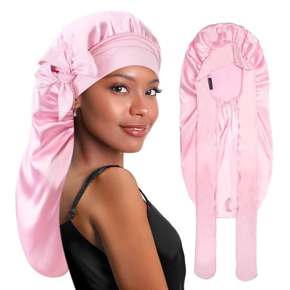 Long Silky Satin Braid Bonnet Nightcap with Tie Band Pink