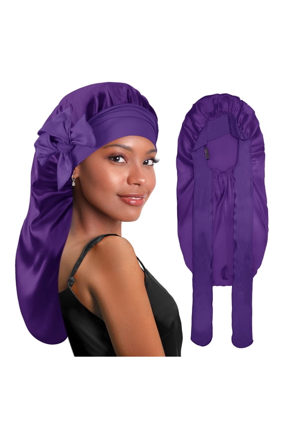 Long Silky Satin Braid Bonnet with Tie Band Deep Purple