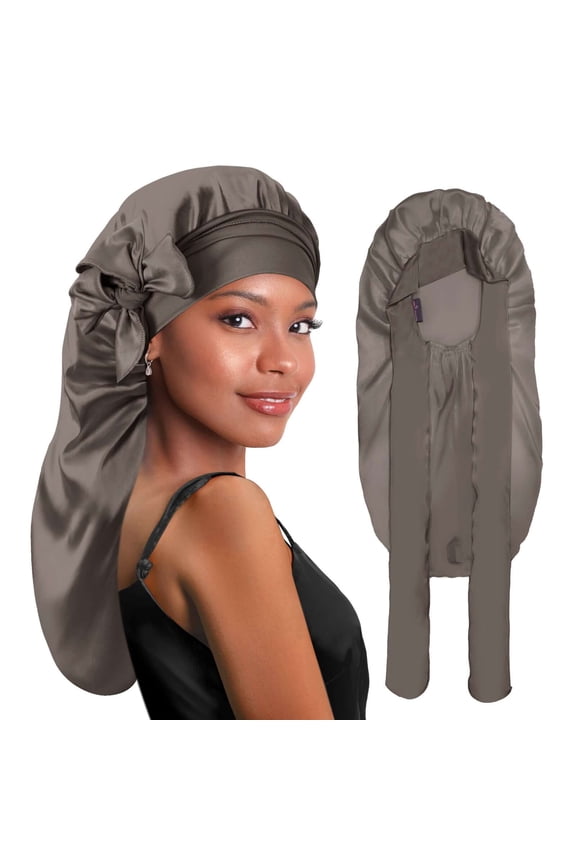Long Silky Satin Braid Bonnet with Tie Band Grey Gold