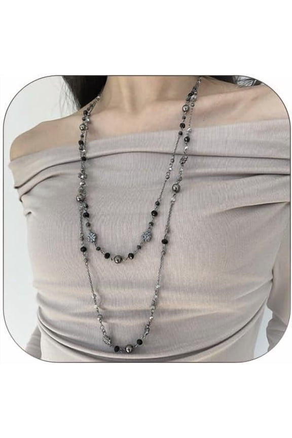 Long Silver Necklace for Women Layered Flower Beaded Necklace for Women Dainty Boho Vintage Necklace Y2k Jewelry Sunmmer Vacation Jewelry Gift Trendy