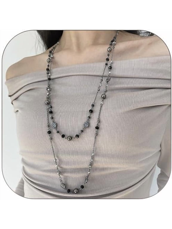 Long Silver Necklace for Women Layered Flower Beaded Necklace for Women Dainty Boho Vintage Necklace Y2k Jewelry Sunmmer Vacation Jewelry Gift Trendy