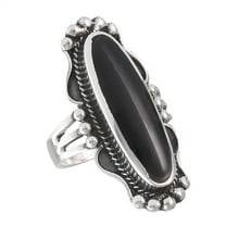 Long Simulated Black Onyx Bali Rope Halo Beaded Ring .925 Sterling Silver Band CZ Female Size 8