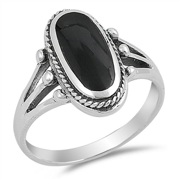 Long Simulated Black Onyx Bali Rope Ring .925 Sterling Silver Bead Band Cubic Zirconia Female Size 8