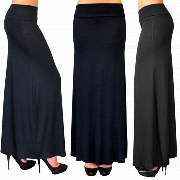 Long Skirt Black Solid Maxi Waist Foldover Full Length Light Rayon Spandex Small