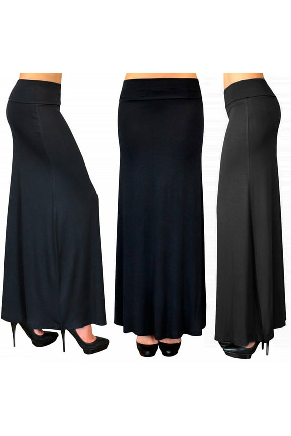Long Skirt Black Solid Maxi Waist Foldover Full Length Light Rayon Spandex Small
