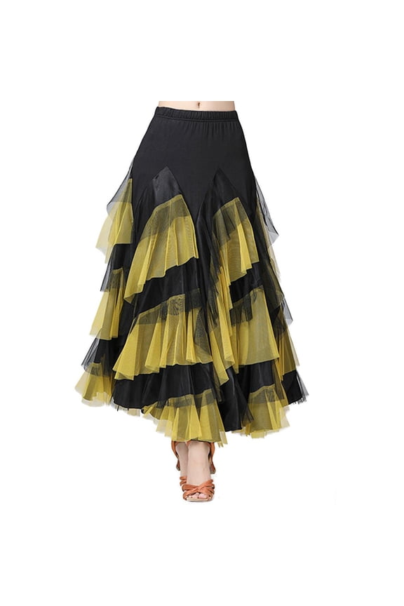 Long Skirt Dress Square Dance Flemish Elastic Mesh Latin Tango Dress for E Yellow
