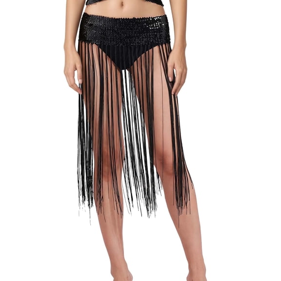 Long Skirt for Women Dance Waist Skirt with Fringe Tassel Belt for Latin Belly Dance Practice Performance Black One Size