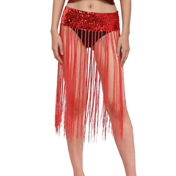 Long Skirt for Women Dance Waist Skirt with Fringe Tassel Belt for Latin Belly Dance Practice Performance Red One Size
