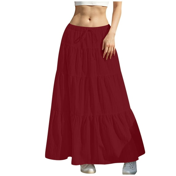 Long Skirts For Women With Pockets Trendy Elastic High Waist Flowy Swing A Line Ruffle Tiered Skirt Burgundy