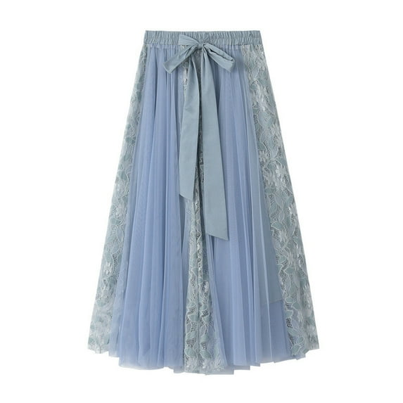 Long Skirts for Women Women's Fashion Layered High Waist Long Skirt Maxi Pleated Solid Tie Waist Fit And Flare Lace Mesh Pattern Skirt Formal Elegant Weeding Guest Bridesmaid Skirt