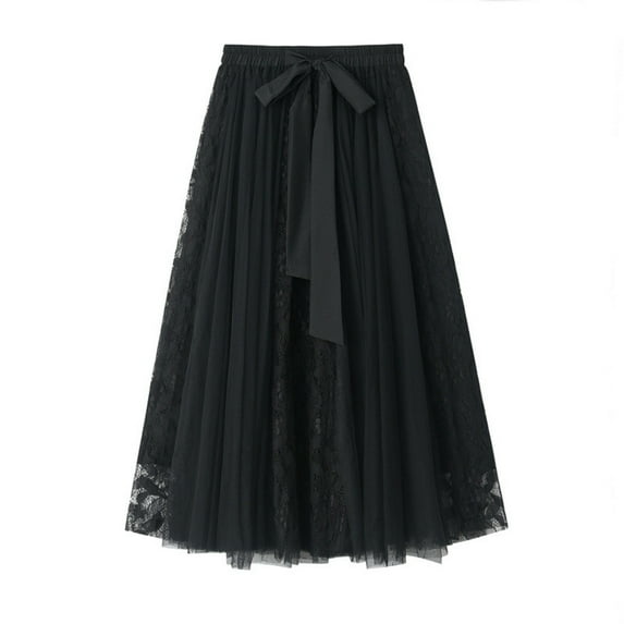 Long Skirts for Women Women's Fashion Layered High Waist Long Skirt Maxi Pleated Solid Tie Waist Fit And Flare Lace Mesh Pattern Skirt Formal Elegant Weeding Guest Bridesmaid Skirt