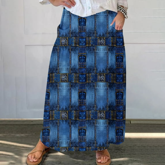 Long Skirts for Women Boho Skirts Ladies Summer Skirts Maxi Pleated Skirts Elasticated Waist Skirts Flared A Line Skirt Ruffle Skirt Casual Beach Skirts Dark Blue XXXL
